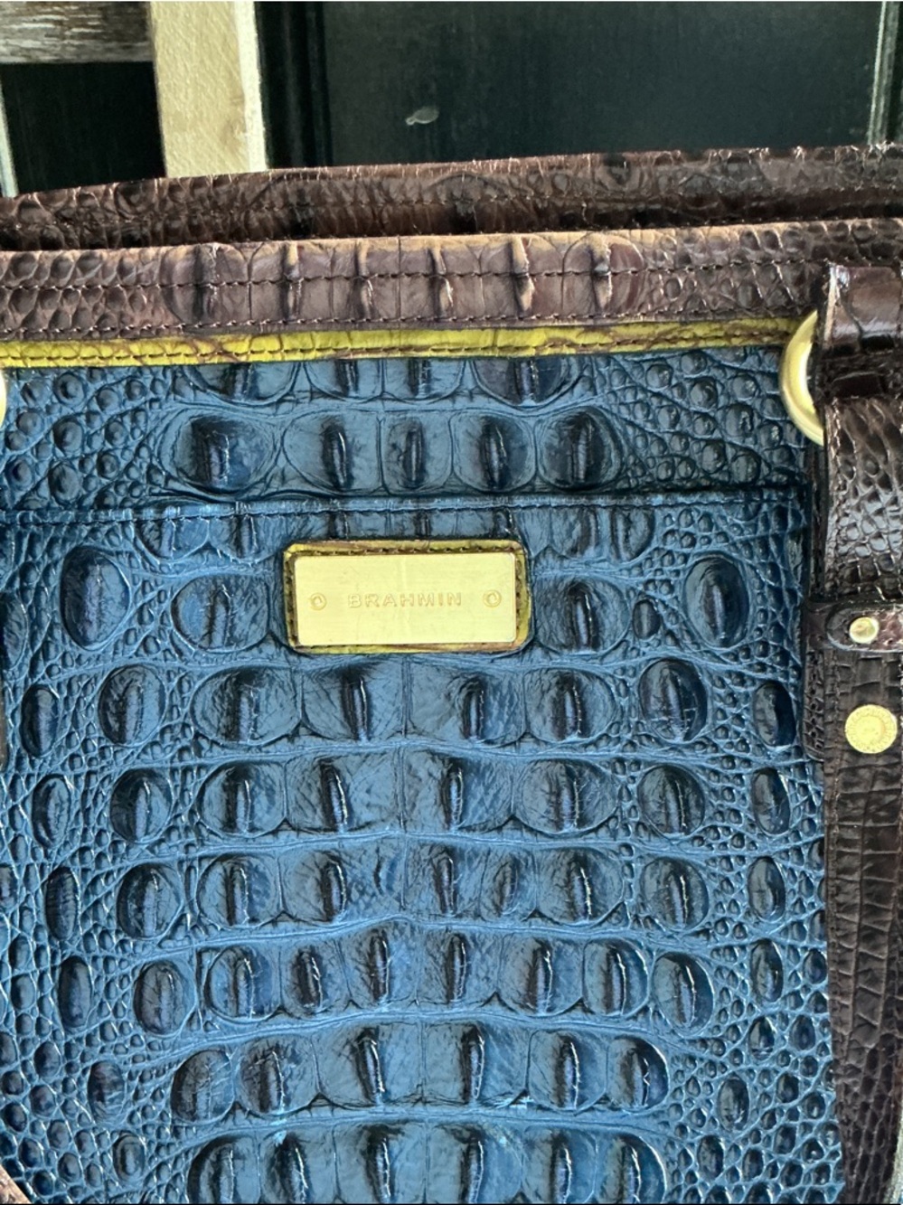 Brahmin Navy Croc-Embossed Tote with Brown Trim and Gold Hardware - Picture 2 of 9
